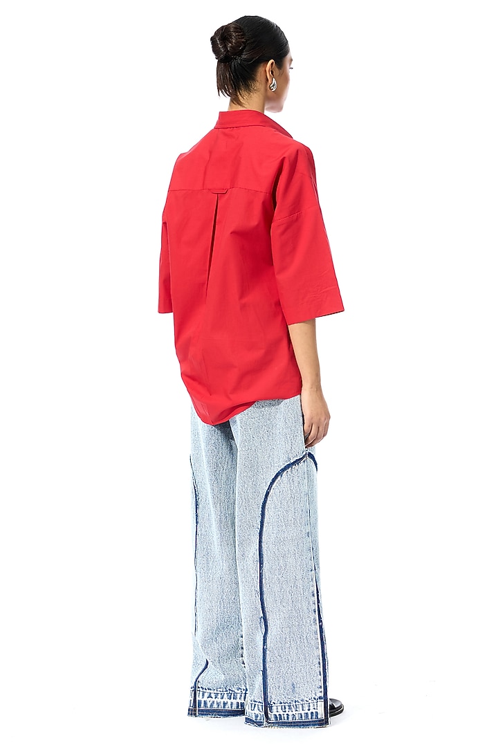 Red Cotton Embellished Shirt by Kanika Goyal at Pernia's Pop Up Shop