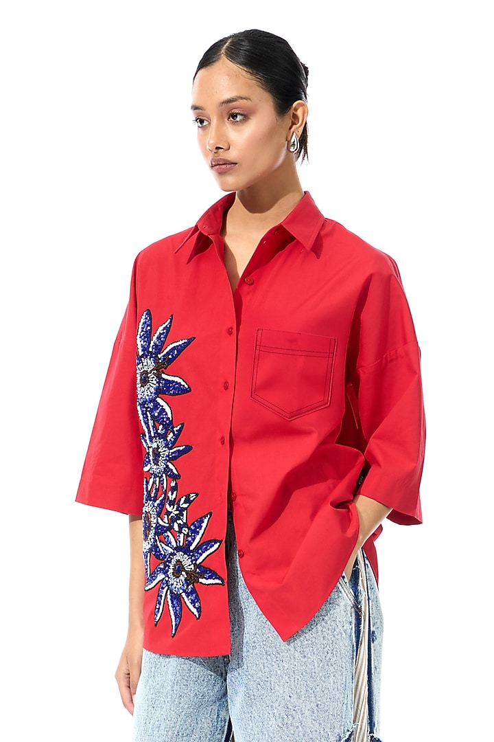 Red Cotton Embellished Shirt by Kanika Goyal at Pernia's Pop Up Shop