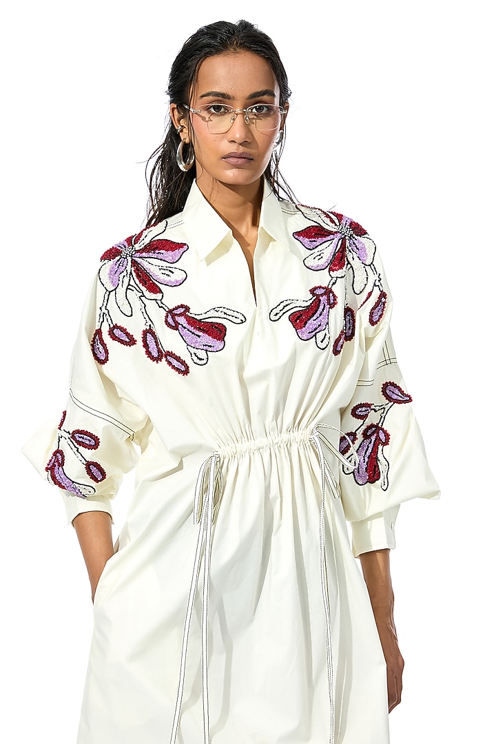 White Cotton Embellished Midi Vacation Dress by Kanika Goyal at Pernia's Pop Up Shop