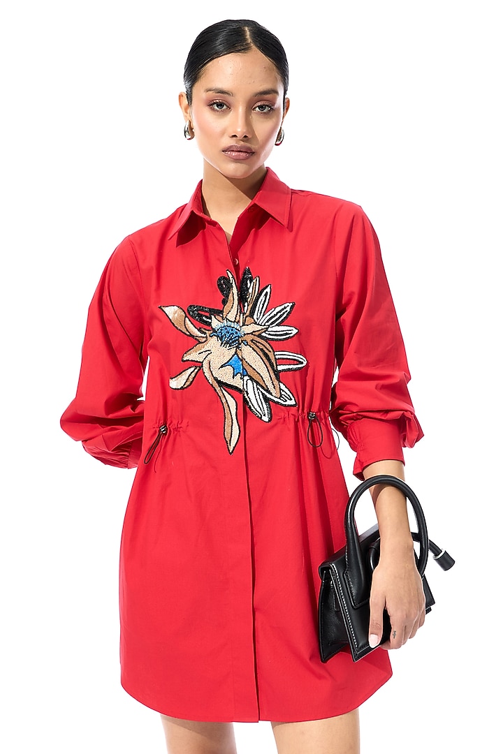 Red Cotton Applique Mini Vacation Dress by Kanika Goyal at Pernia's Pop Up Shop