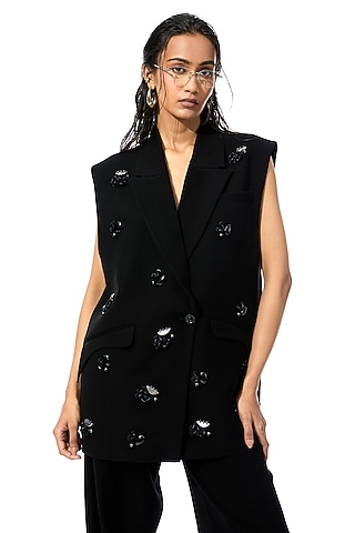 Black Polyester Embellished Vest by Kanika Goyal