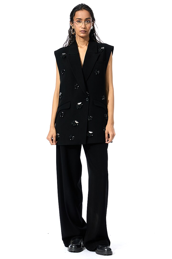 Black Polyester Embellished Vest by Kanika Goyal at Pernia's Pop Up Shop