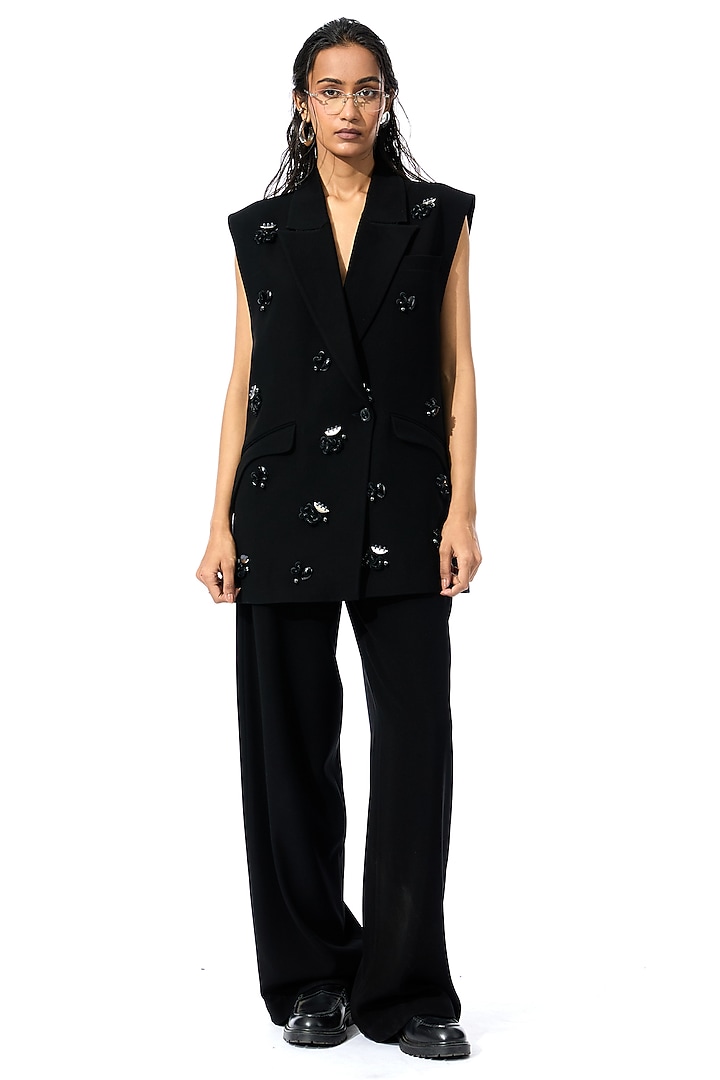 Black Polyester Pants by Kanika Goyal at Pernia's Pop Up Shop