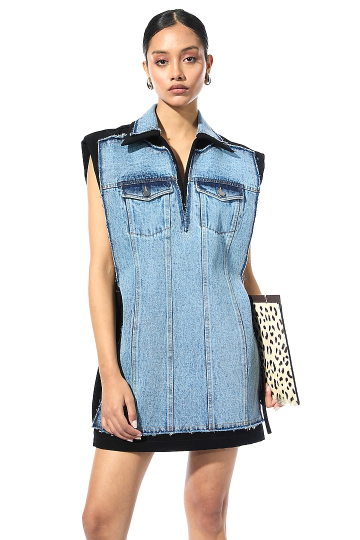 Blue & Black Cotton Denim Mini Vacation Dress by Kanika Goyal at Pernia's Pop Up Shop