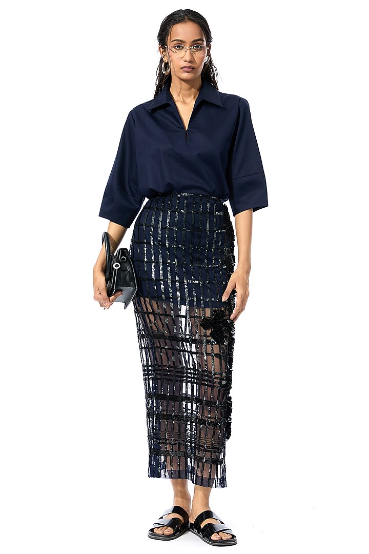 Navy Blue Cotton Mini Vacation Shirt Dress by Kanika Goyal at Pernia's Pop Up Shop