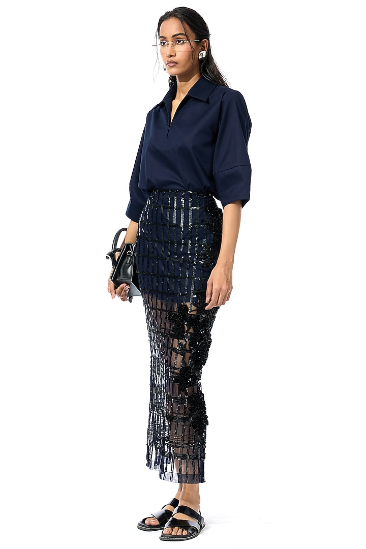 Navy Blue Cotton Mini Vacation Shirt Dress by Kanika Goyal at Pernia's Pop Up Shop