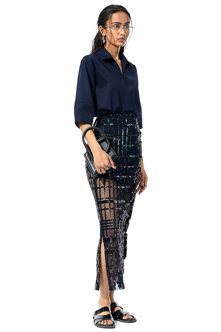 Black Polyester Net Floral Embellished Midi Skirt by Kanika Goyal at Pernia's Pop Up Shop