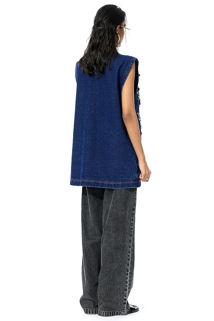 Blue Cotton Embellished Denim Vest by Kanika Goyal at Pernia's Pop Up Shop