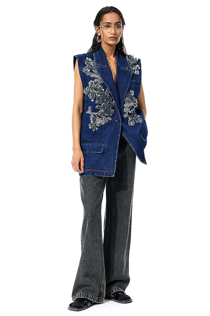 Blue Cotton Embellished Denim Vest by Kanika Goyal at Pernia's Pop Up Shop