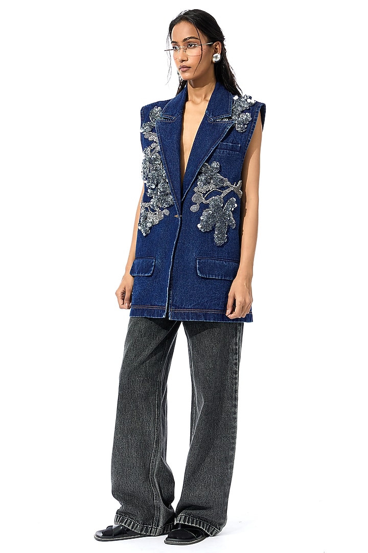 Blue Cotton Embellished Denim Vest by Kanika Goyal at Pernia's Pop Up Shop