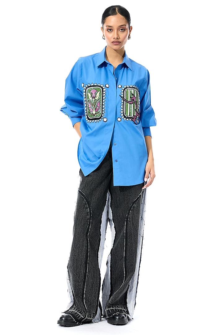 Blue Cotton Embellished Shirt by Kanika Goyal at Pernia's Pop Up Shop