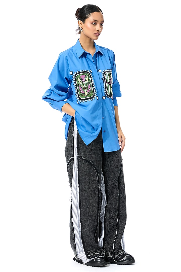Blue Cotton Embellished Shirt by Kanika Goyal at Pernia's Pop Up Shop