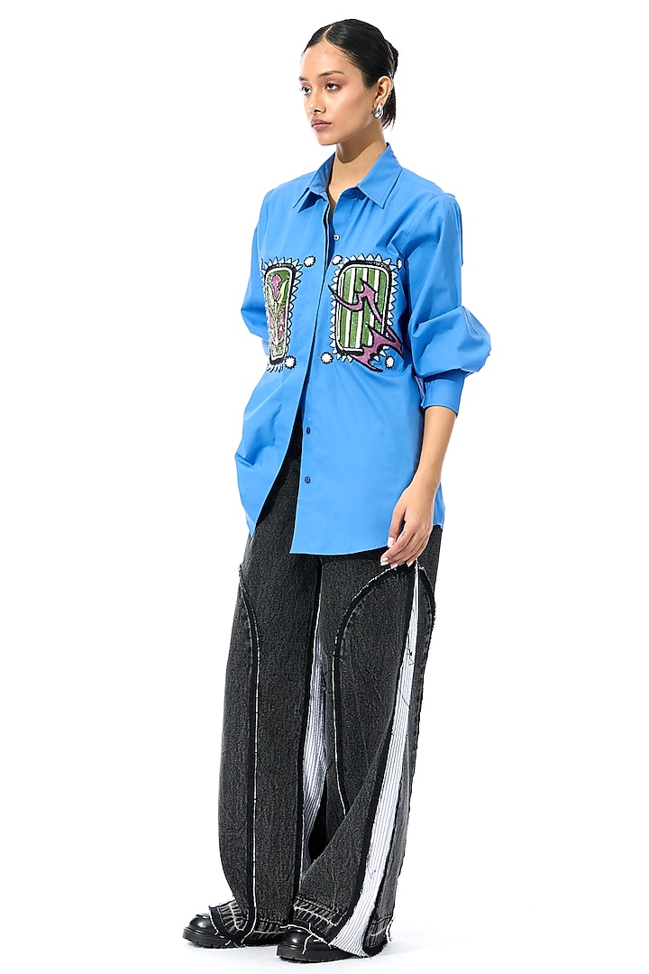 Blue Cotton Embellished Shirt by Kanika Goyal at Pernia's Pop Up Shop