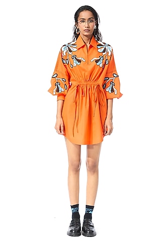 Orange Cotton Embellished Mini Dress by Kanika Goyal