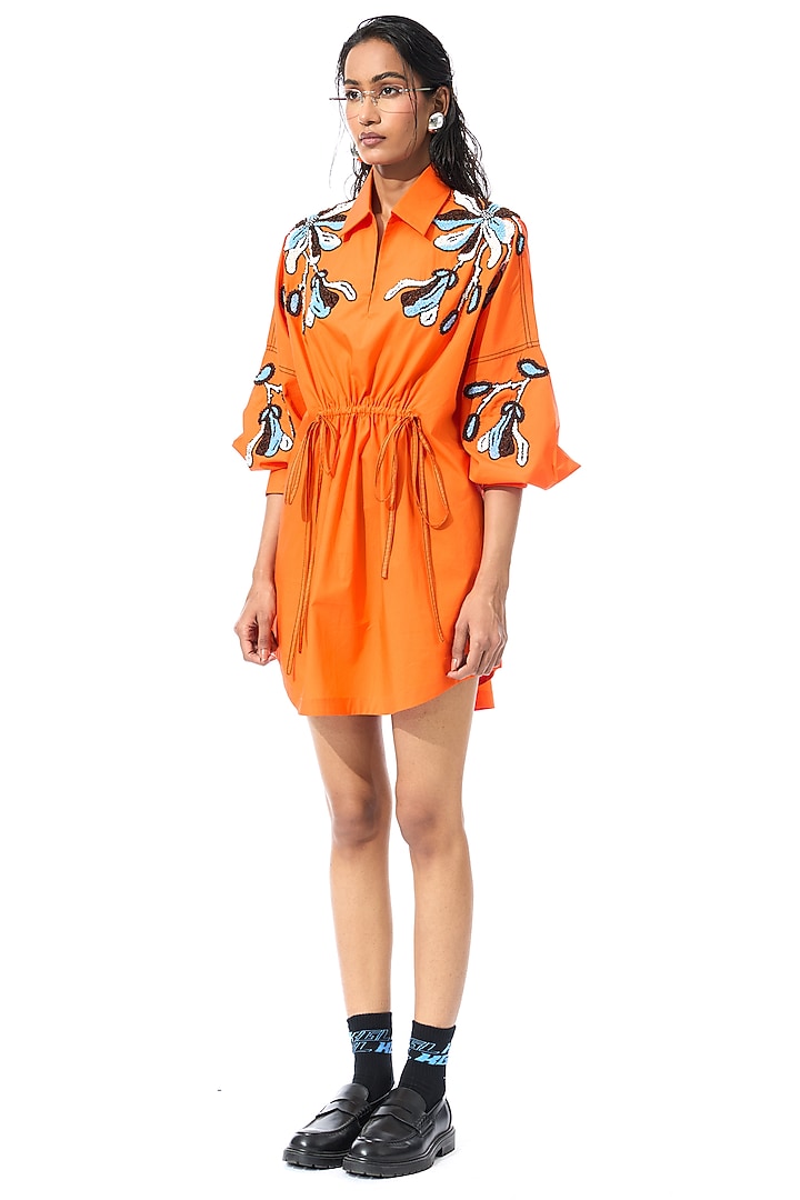 Orange Cotton Embellished Mini Vacation Dress by Kanika Goyal at Pernia's Pop Up Shop