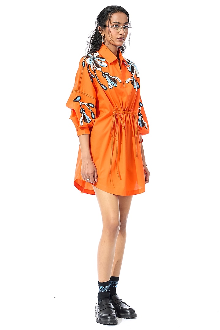 Orange Cotton Embellished Mini Vacation Dress by Kanika Goyal at Pernia's Pop Up Shop