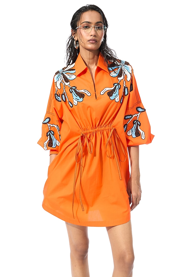 Orange Cotton Embellished Mini Vacation Dress by Kanika Goyal at Pernia's Pop Up Shop
