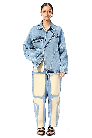 Blue & White Cotton Denim Pants by Kanika Goyal