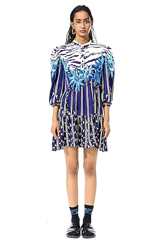 Blue Polyester Printed Mini Dress by Kanika Goyal