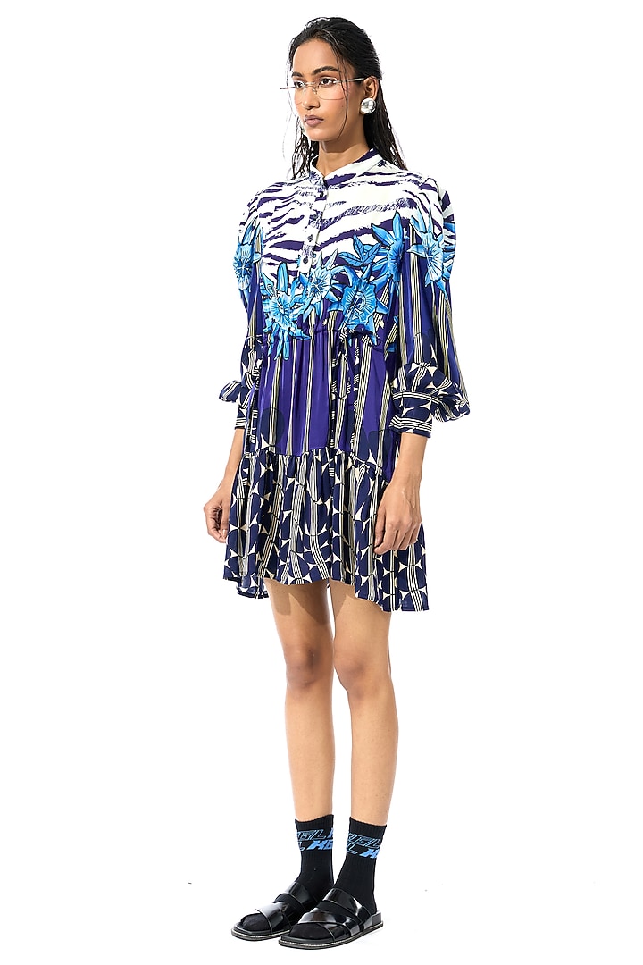 Blue Polyester Printed Mini Vacation Dress by Kanika Goyal at Pernia's Pop Up Shop