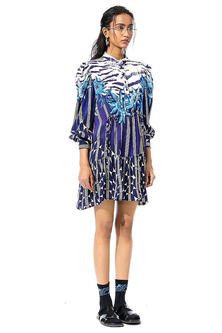 Blue Polyester Printed Mini Vacation Dress by Kanika Goyal at Pernia's Pop Up Shop