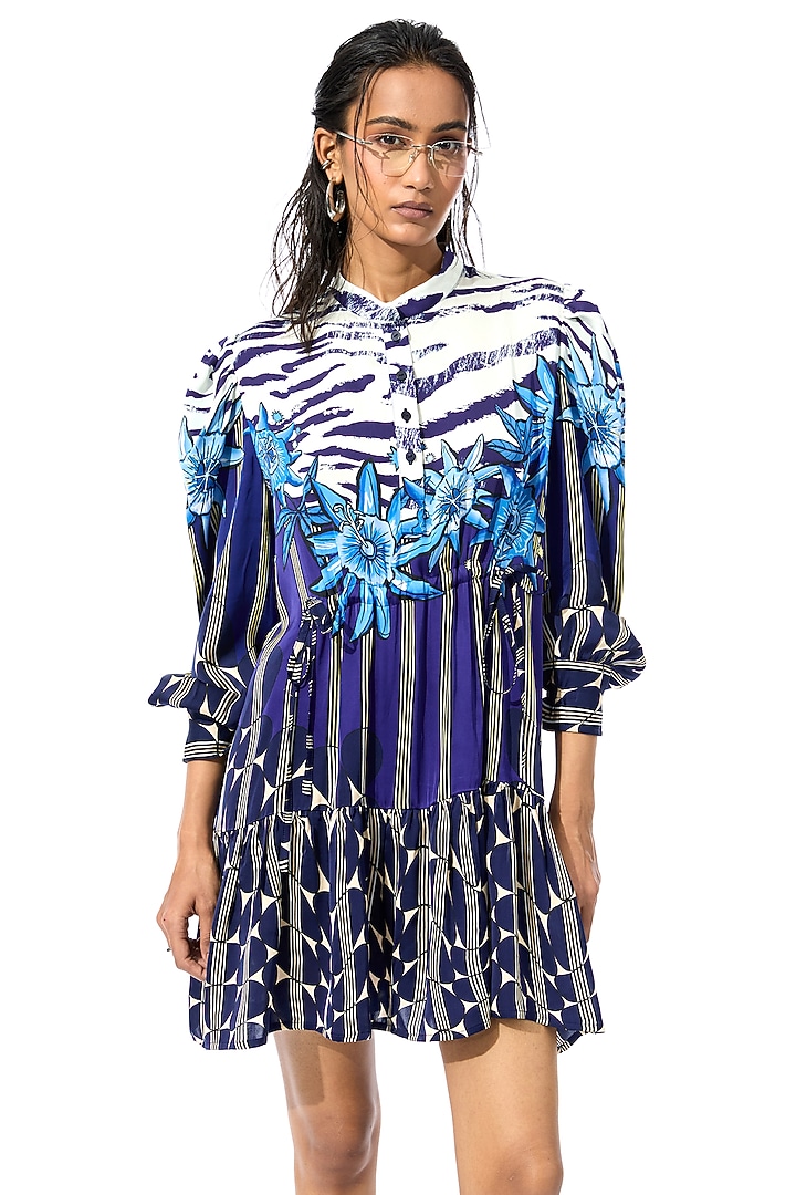 Blue Polyester Printed Mini Vacation Dress by Kanika Goyal at Pernia's Pop Up Shop