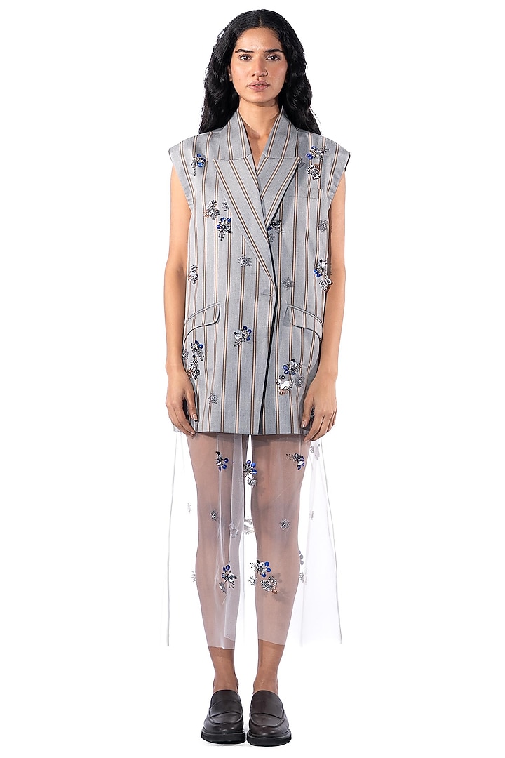 Grey Polyester Embellished Blazer by Kanika Goyal at Pernia's Pop Up Shop