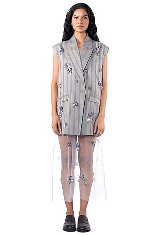 Grey Polyester Embellished Blazer by Kanika Goyal