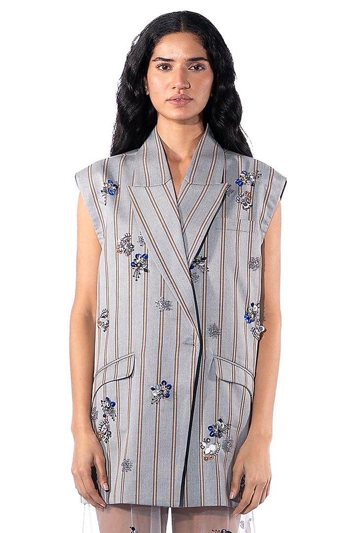 Grey Polyester Embellished Blazer by Kanika Goyal at Pernia's Pop Up Shop