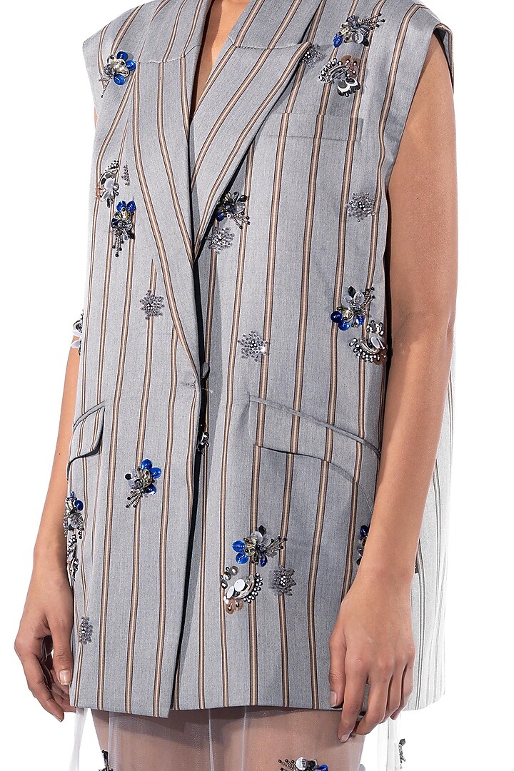 Grey Polyester Embellished Blazer by Kanika Goyal at Pernia's Pop Up Shop
