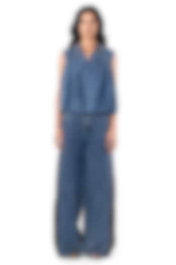 Blue Cotton Embellished Denim Top by Kanika Goyal at Pernia's Pop Up Shop