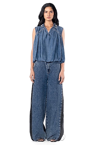 Blue Cotton Embellished Denim Top by Kanika Goyal
