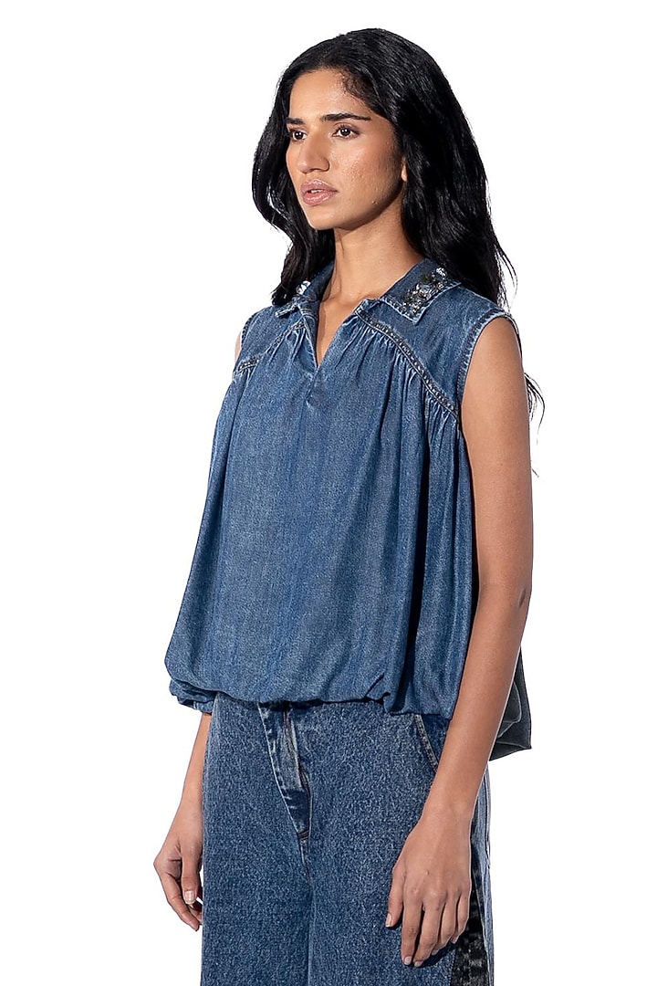 Blue Cotton Embellished Denim Top by Kanika Goyal at Pernia's Pop Up Shop
