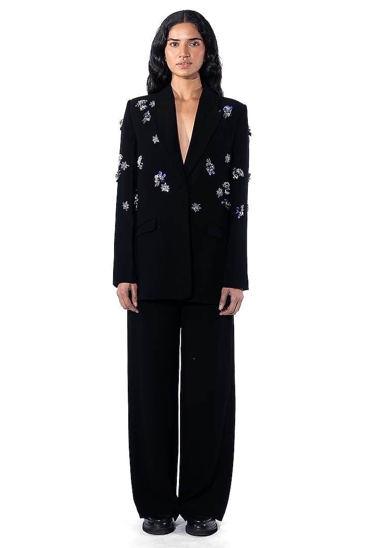 Black Polyester Embellished Blazer by Kanika Goyal at Pernia's Pop Up Shop
