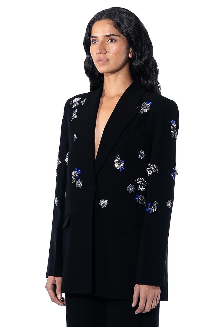 Black Polyester Embellished Blazer by Kanika Goyal at Pernia's Pop Up Shop