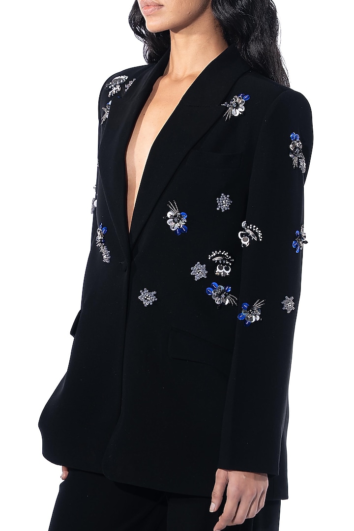 Black Polyester Embellished Blazer by Kanika Goyal at Pernia's Pop Up Shop