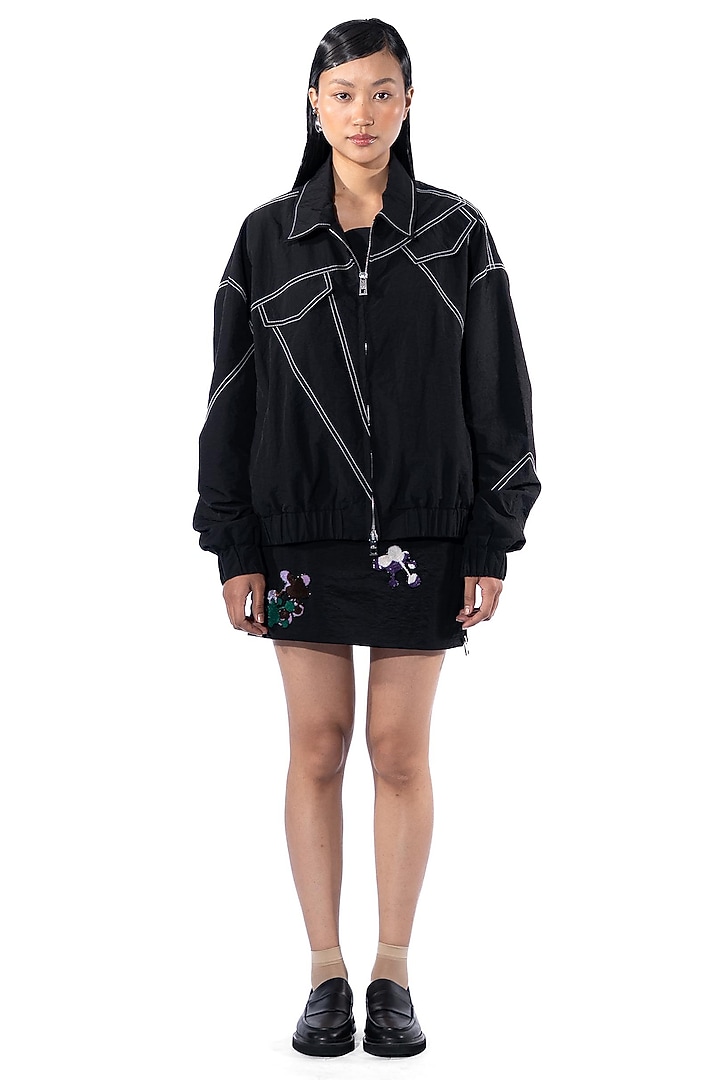 Black Polyester Bomber Jacket by Kanika Goyal at Pernia's Pop Up Shop
