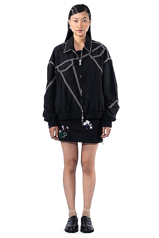 Black Polyester Bomber Jacket by Kanika Goyal