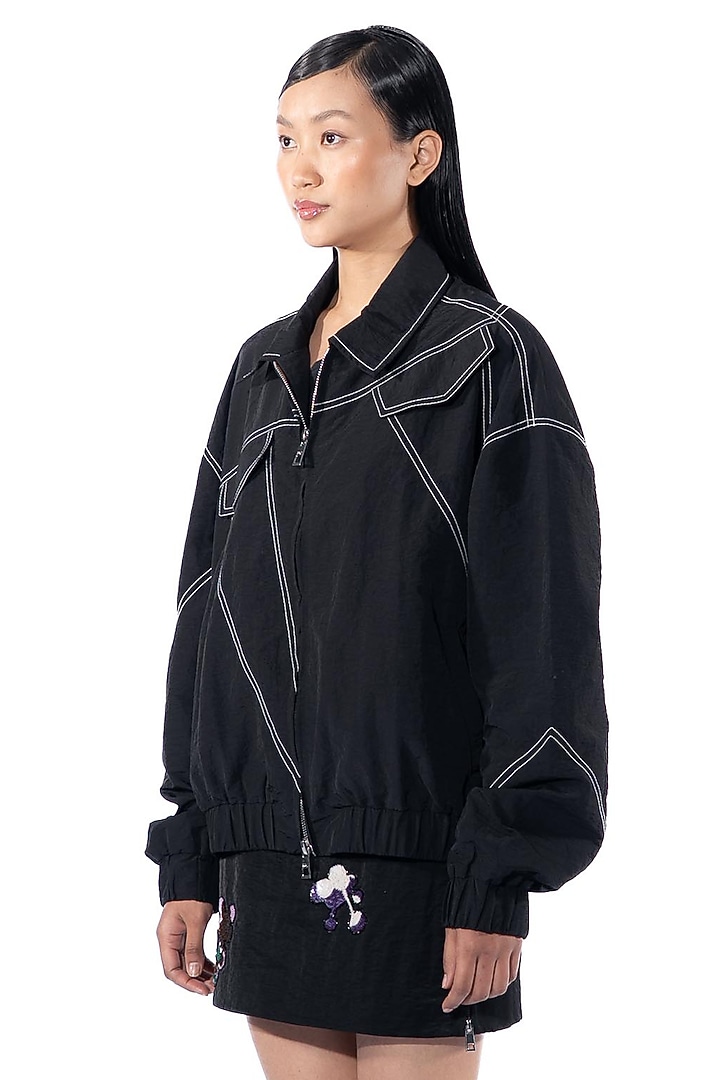 Black Polyester Bomber Jacket by Kanika Goyal at Pernia's Pop Up Shop