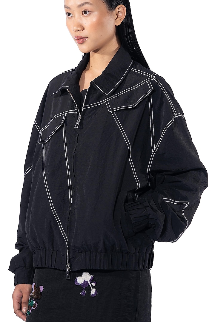 Black Polyester Bomber Jacket by Kanika Goyal at Pernia's Pop Up Shop