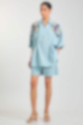 Powder Blue Linen Blend Co-Ord Set by Kanika Goyal at Pernia's Pop Up Shop