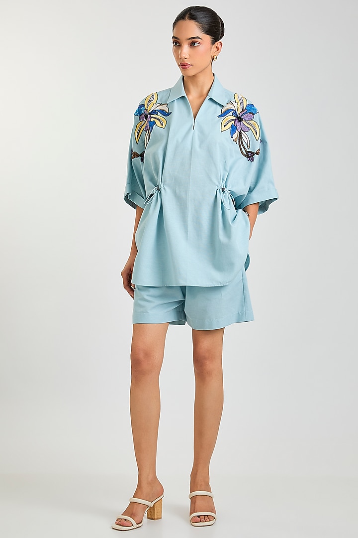 Powder Blue Linen Blend Co-Ord Set by Kanika Goyal at Pernia's Pop Up Shop