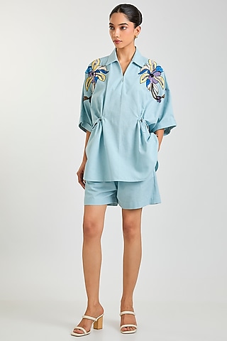Powder Blue Linen Blend Co-Ord Set by Kanika Goyal