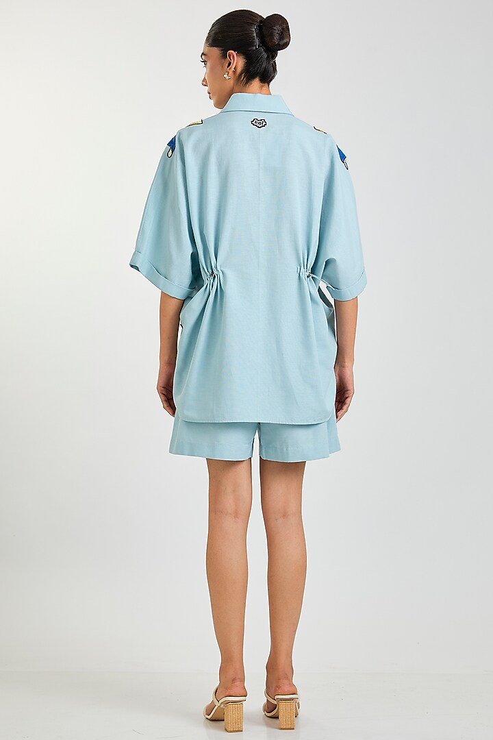 Powder Blue Linen Blend Co-Ord Set by Kanika Goyal at Pernia's Pop Up Shop
