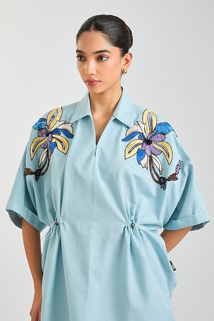 Powder Blue Linen Blend Co-Ord Set by Kanika Goyal at Pernia's Pop Up Shop