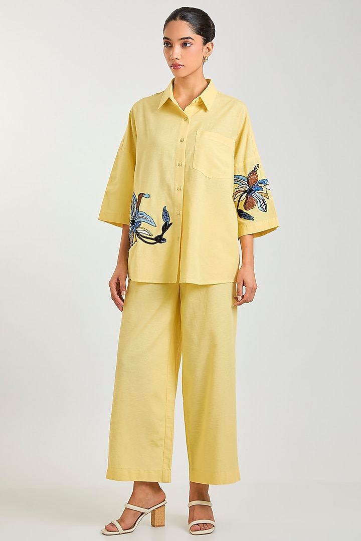 Yellow Linen Blend Co-Ord Set by Kanika Goyal at Pernia's Pop Up Shop
