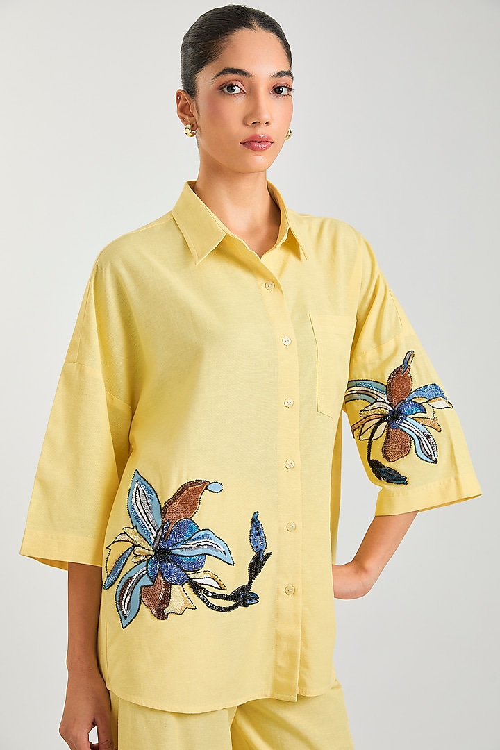 Yellow Linen Blend Co-Ord Set by Kanika Goyal at Pernia's Pop Up Shop