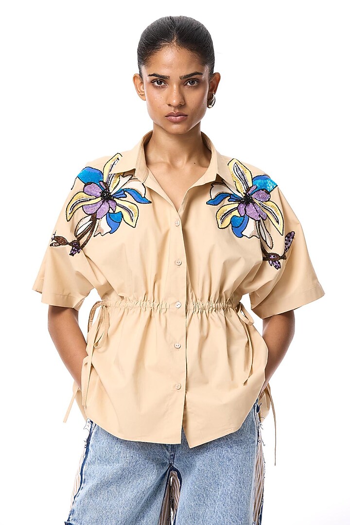 Beige Cotton Embellished Shirt by Kanika Goyal at Pernia's Pop Up Shop