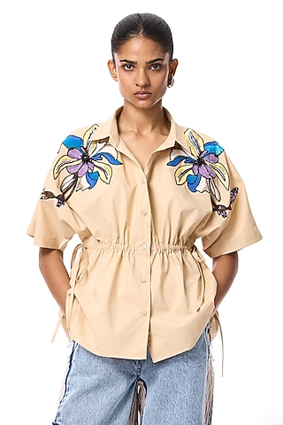 Beige Cotton Embellished Shirt by Kanika Goyal