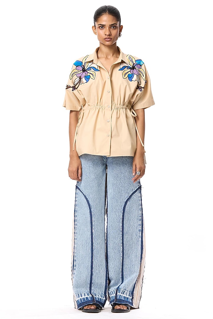 Beige Cotton Embellished Shirt by Kanika Goyal at Pernia's Pop Up Shop